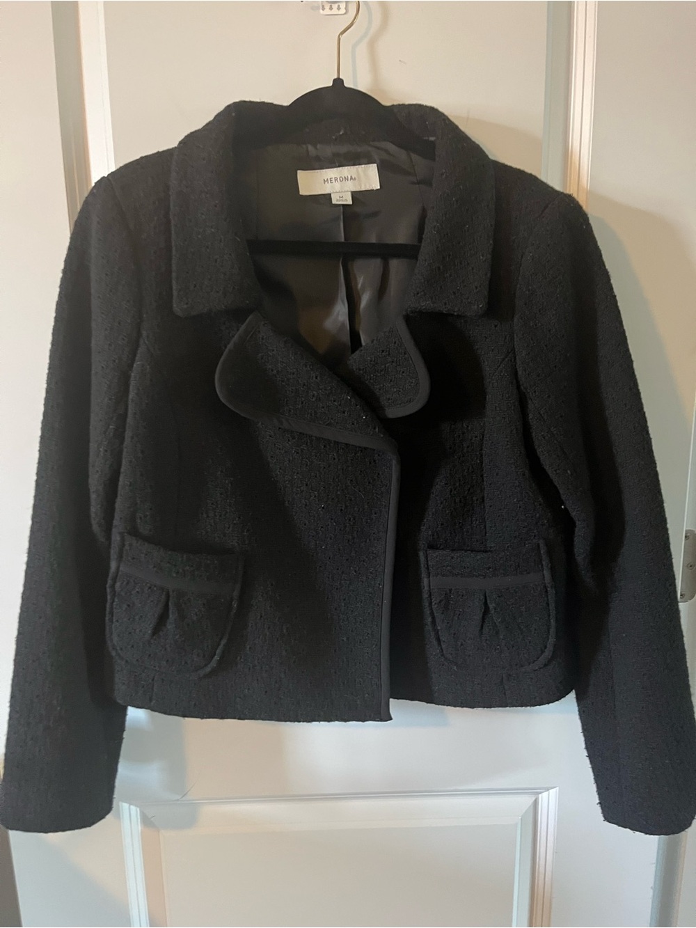 Merona Black Wool Blend Textured Cropped Double Breasted Blazer Lined